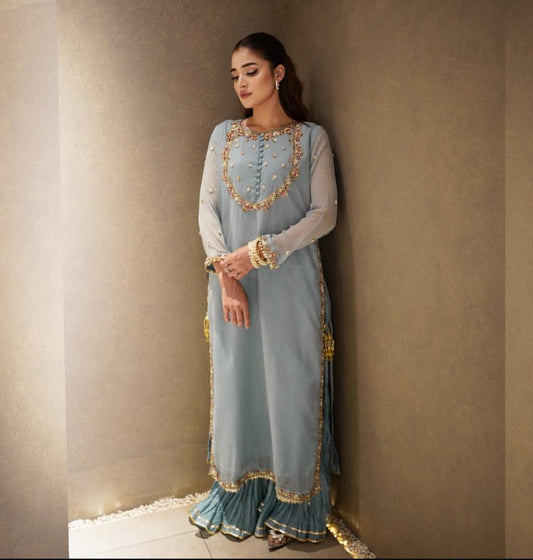 NW FASHION  Pure Chiffon Handwork Beautiful Long Shirt In Iceblue Color