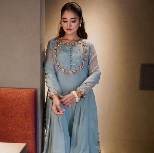 NW FASHION  Pure Chiffon Handwork Beautiful Long Shirt In Iceblue Color