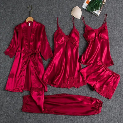 Flourish 5-Piece Silk Satin Nightwear Set Cami Top, Pajama, Robe, Nightgown & Lace Nighty Women's Sleepwear"
