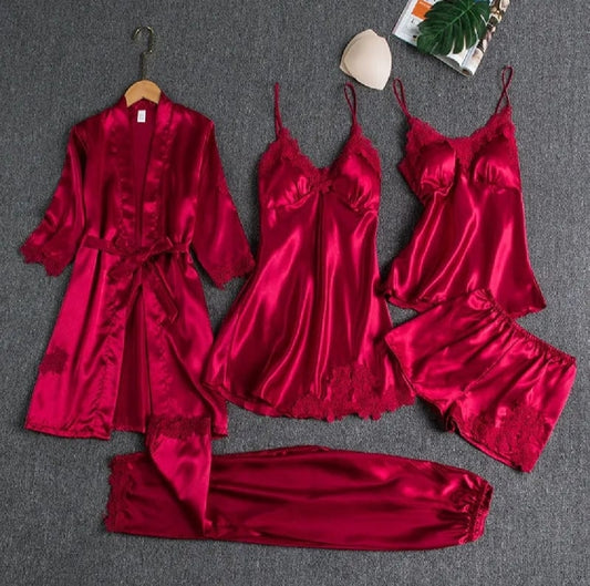 Flourish 5-Piece Silk Satin Nightwear Set Cami Top, Pajama, Robe, Nightgown & Lace Nighty Women's Sleepwear"