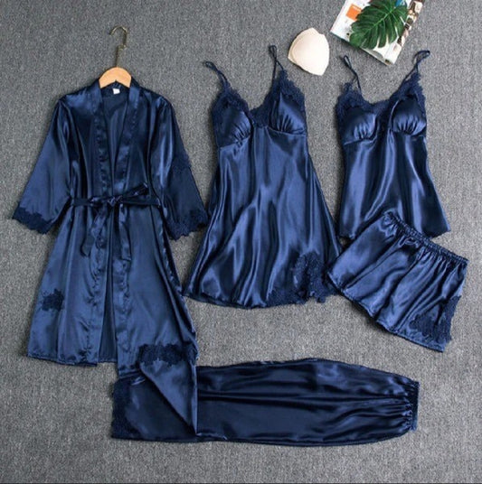 Flourish 5-Piece Silk Satin Nightwear Set Cami Top, Pajama, Robe, Nightgown & Lace Nighty Women's Sleepwear"